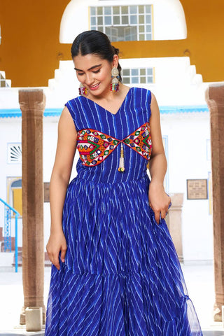 Blue Color Bandhani Printed Gamathi Embroidery With Real Mirror Work Navratril Gown