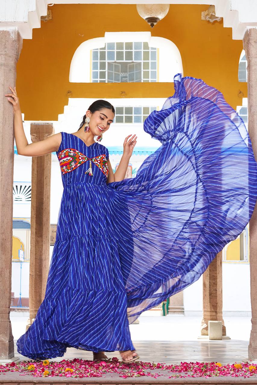 Blue Color Bandhani Printed Gamathi Embroidery With Real Mirror Work Navratril Gown