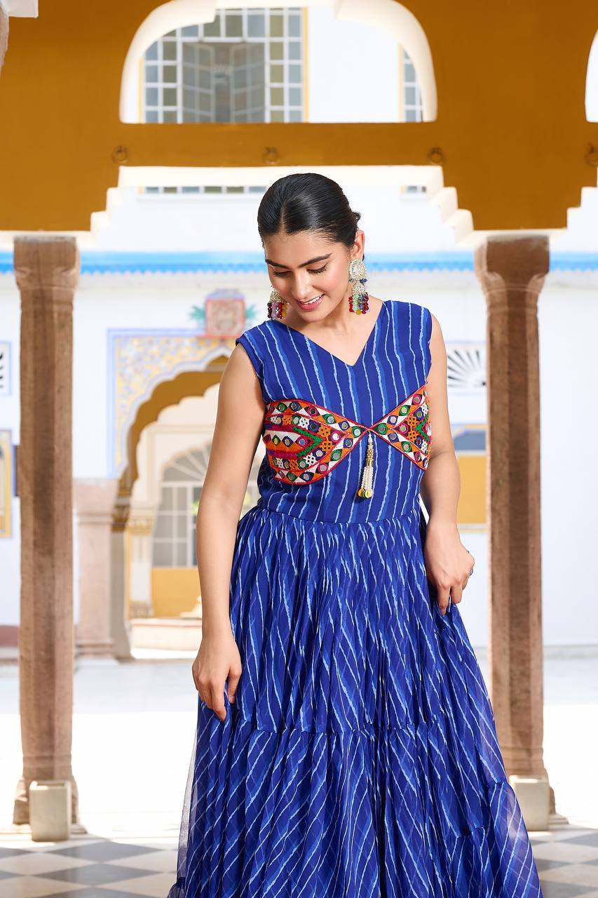 Blue Color Bandhani Printed Gamathi Embroidery With Real Mirror Work Navratril Gown