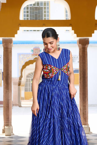 Blue Color Bandhani Printed Gamathi Embroidery With Real Mirror Work Navratril Gown