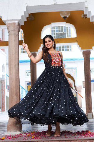 Black Color Bandhani Printed Gamathi Embroidery With Real Mirror Work Navratril Gown