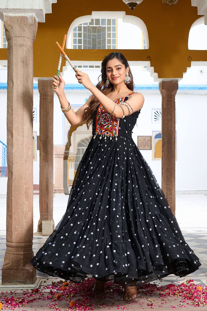 Black Color Bandhani Printed Gamathi Embroidery With Real Mirror Work Navratril Gown