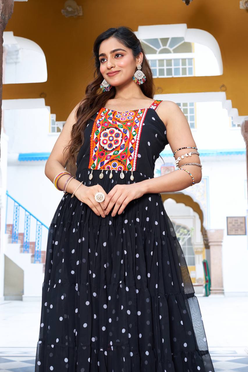 Black Color Bandhani Printed Gamathi Embroidery With Real Mirror Work Navratril Gown
