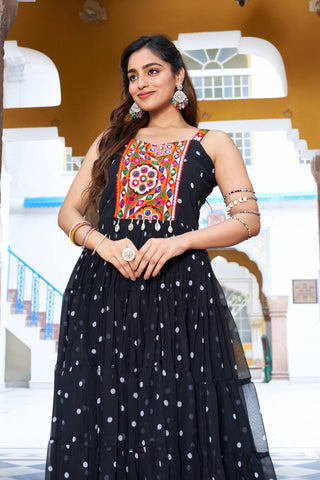 Black Color Bandhani Printed Gamathi Embroidery With Real Mirror Work Navratril Gown