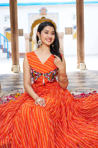 Orange Color Bandhani Printed Gamathi Embroidery With Real Mirror Work Navratril Gown