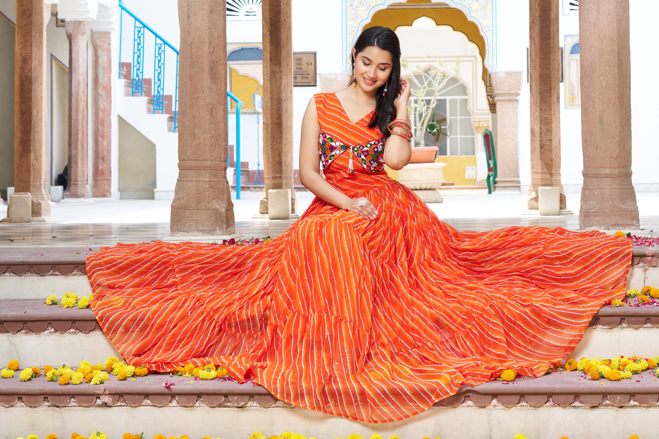 Orange Color Bandhani Printed Gamathi Embroidery With Real Mirror Work Navratril Gown