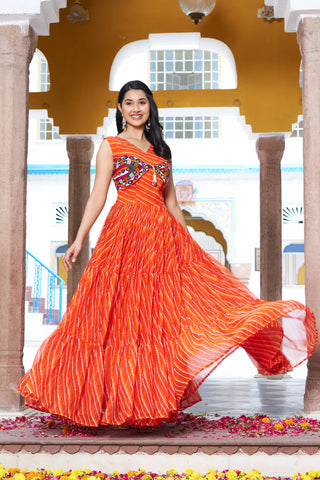 Orange Color Bandhani Printed Gamathi Embroidery With Real Mirror Work Navratril Gown