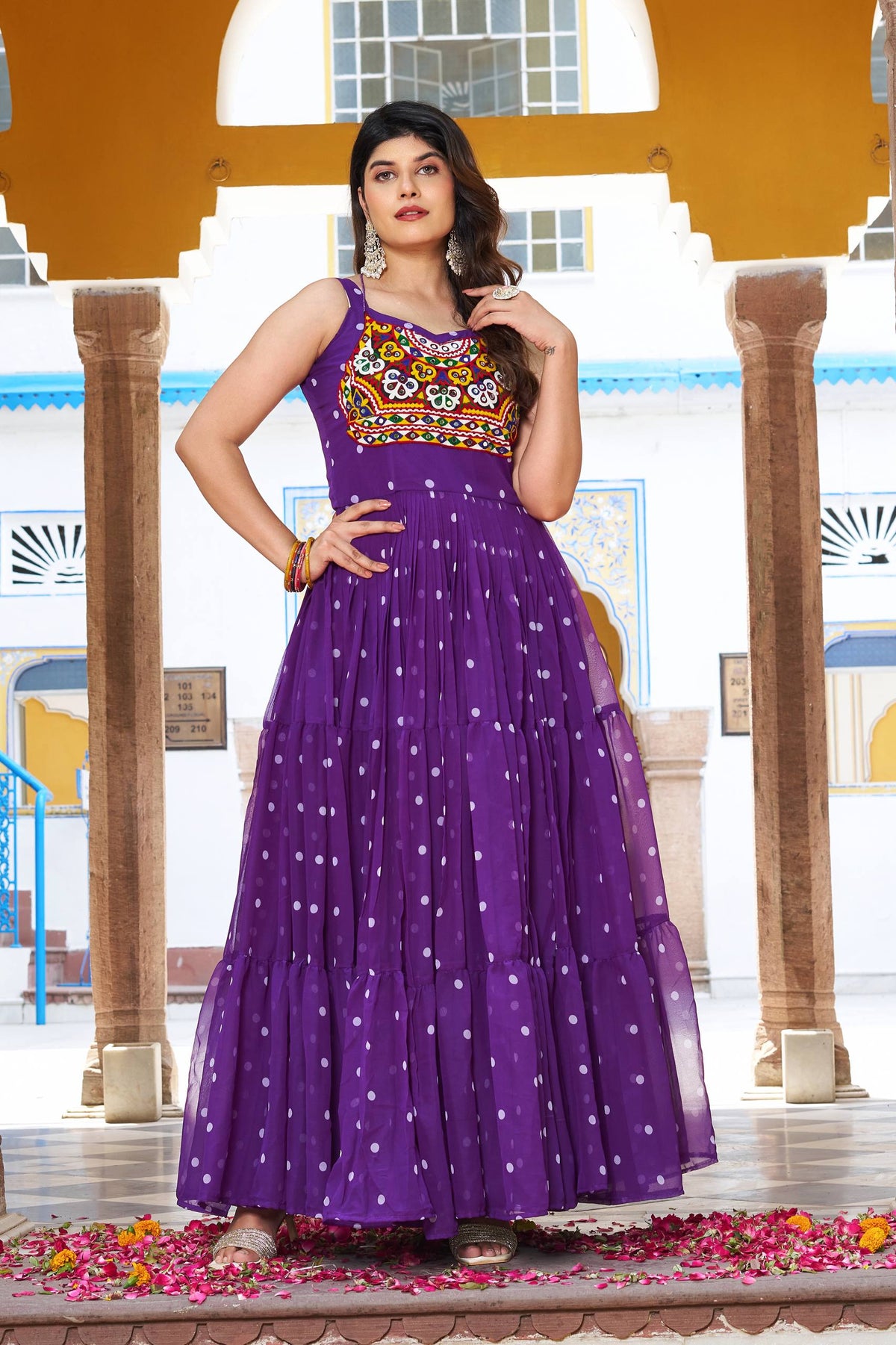 Purple Color Bandhani Printed Gamathi Embroidery With Real Mirror Work Navratril Gown