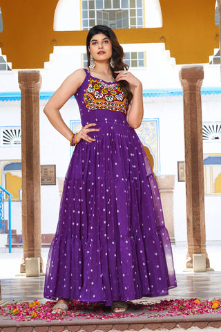 Purple Color Bandhani Printed Gamathi Embroidery With Real Mirror Work Navratril Gown