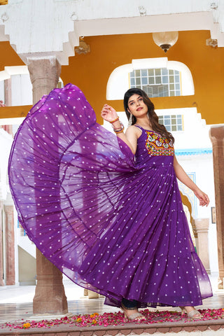 Purple Color Bandhani Printed Gamathi Embroidery With Real Mirror Work Navratril Gown