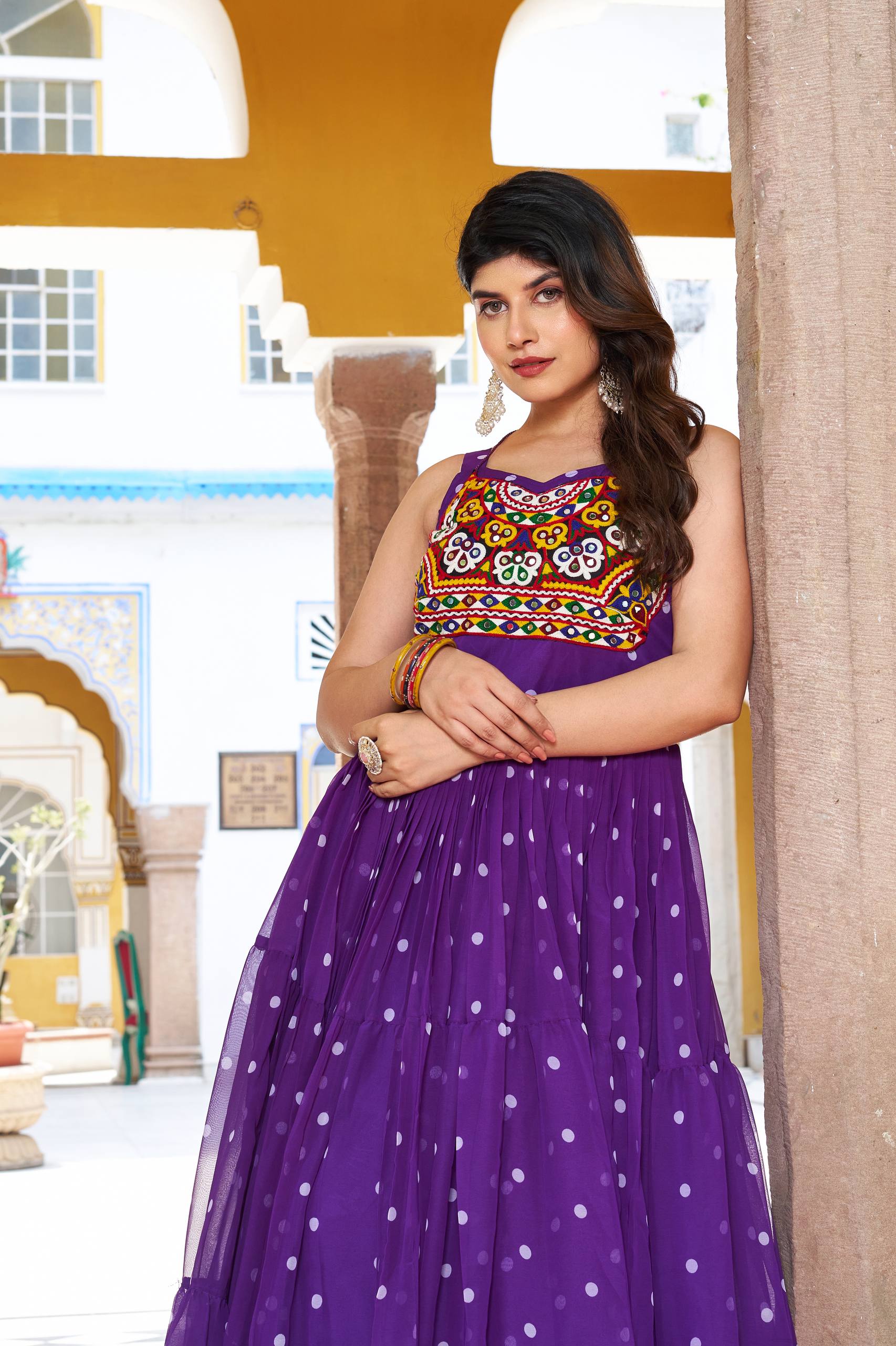 Purple Color Bandhani Printed Gamathi Embroidery With Real Mirror Work Navratril Gown
