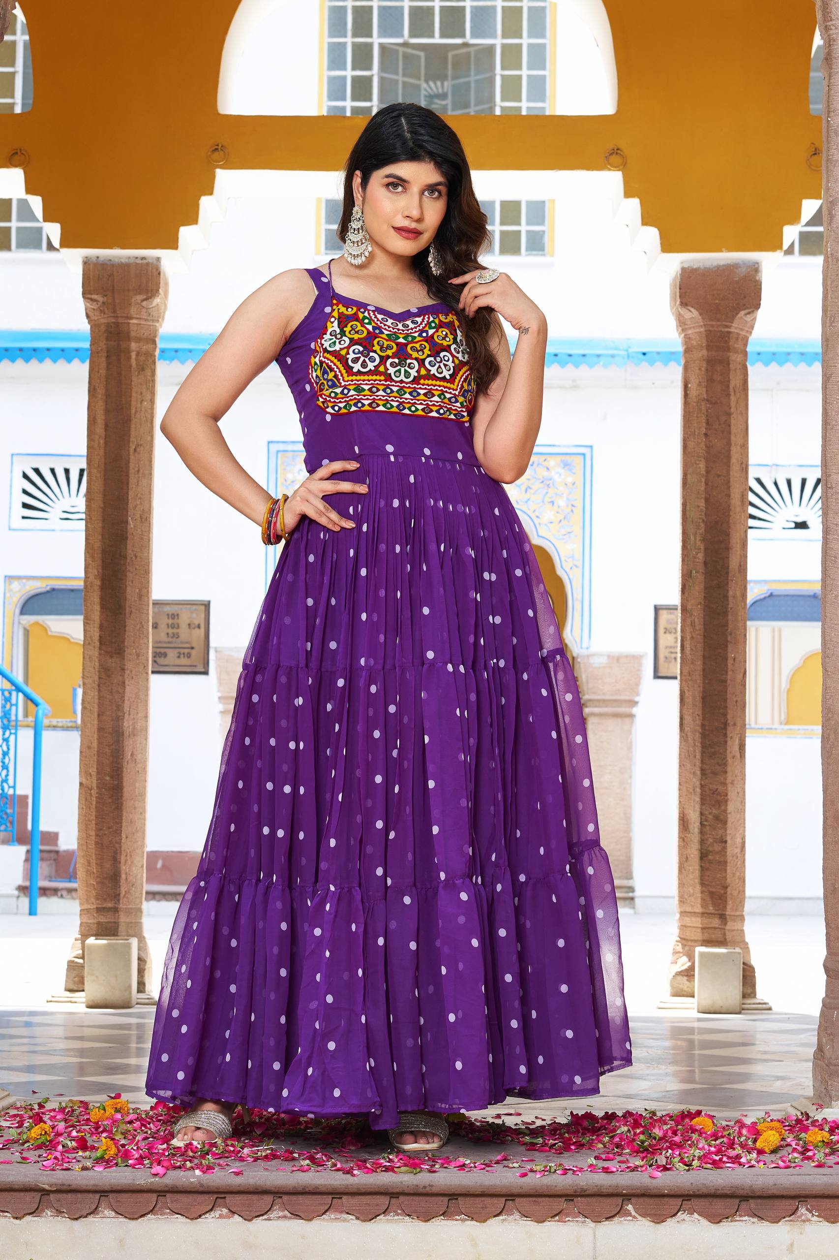 Purple Color Bandhani Printed Gamathi Embroidery With Real Mirror Work Navratril Gown