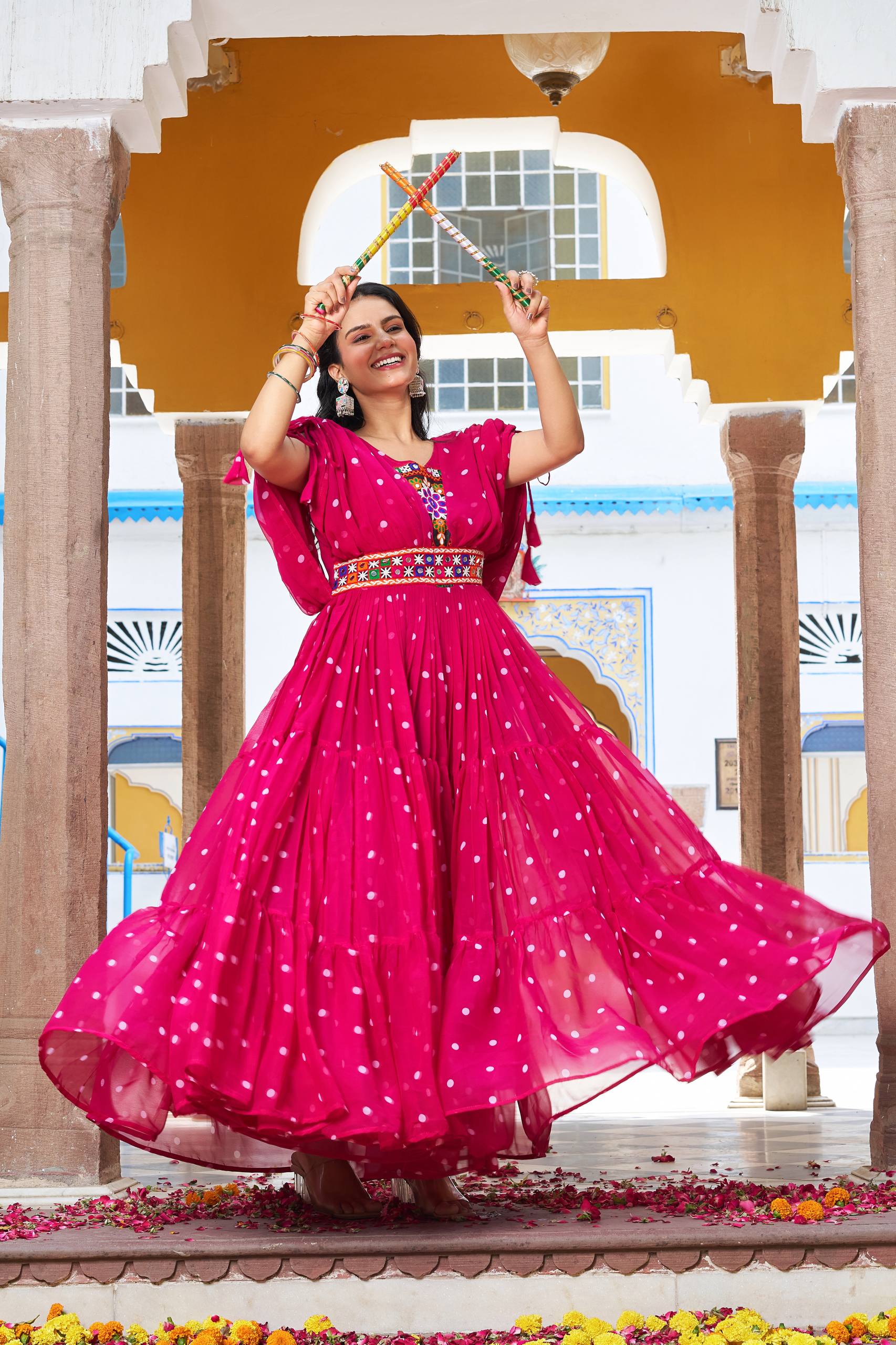 Pink Color Bandhani Printed Gamathi Embroidery With Real Mirror Work Navratril Gown