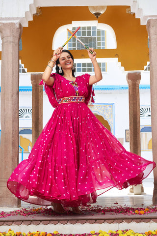 Pink Color Bandhani Printed Gamathi Embroidery With Real Mirror Work Navratril Gown