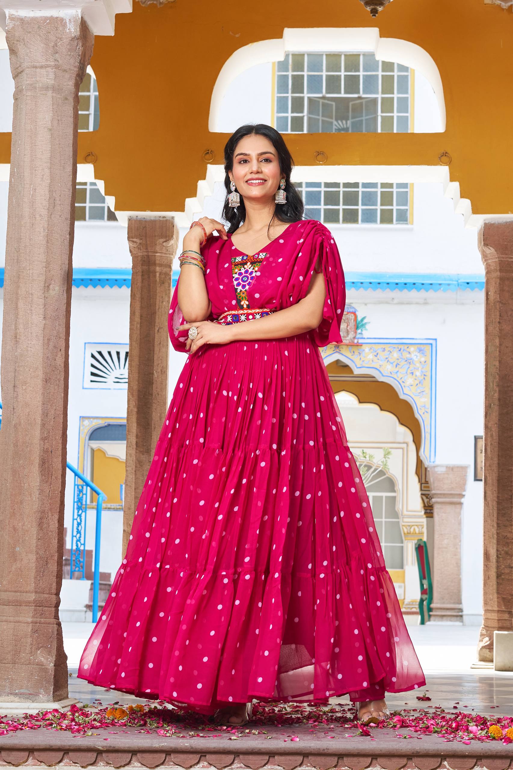 Pink Color Bandhani Printed Gamathi Embroidery With Real Mirror Work Navratril Gown