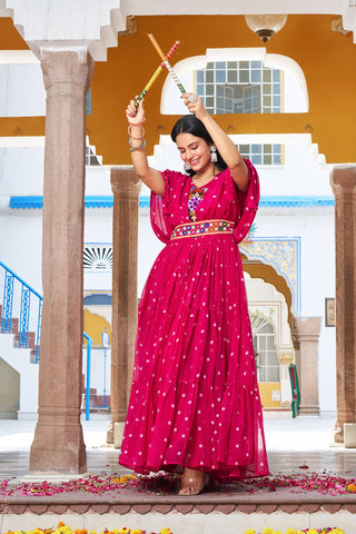 Pink Color Bandhani Printed Gamathi Embroidery With Real Mirror Work Navratril Gown