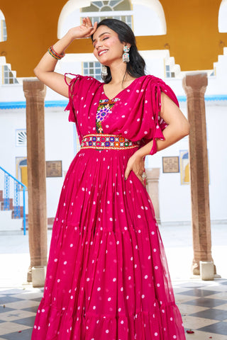 Pink Color Bandhani Printed Gamathi Embroidery With Real Mirror Work Navratril Gown