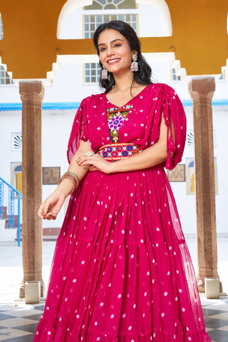 Pink Color Bandhani Printed Gamathi Embroidery With Real Mirror Work Navratril Gown