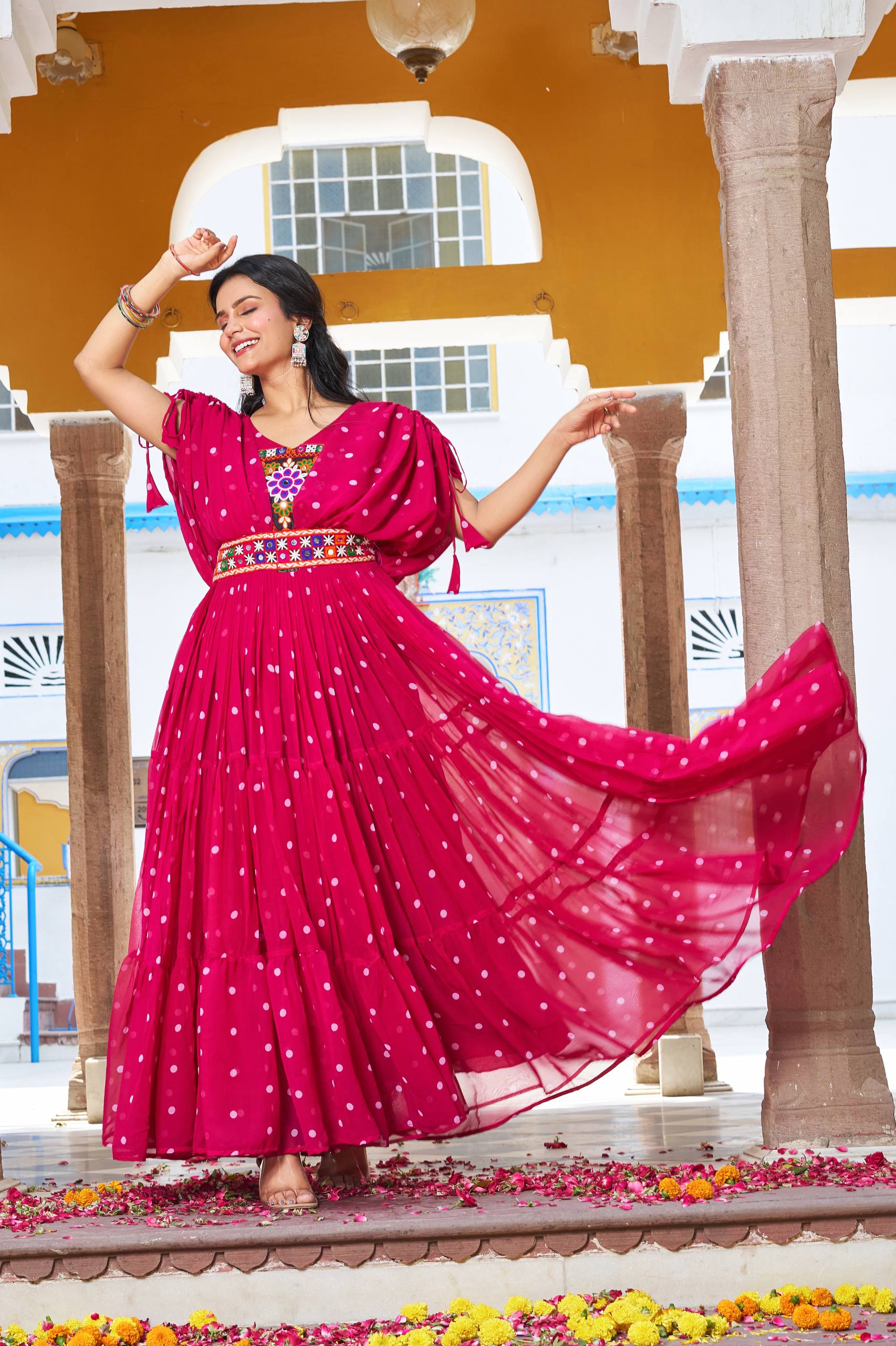 Pink Color Bandhani Printed Gamathi Embroidery With Real Mirror Work Navratril Gown