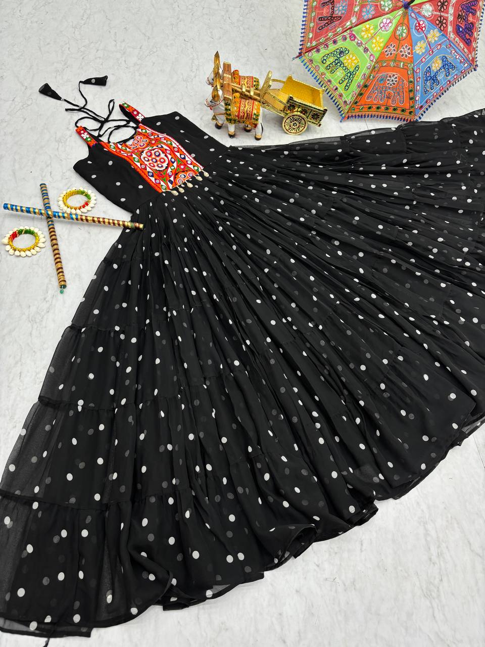 Black Color Bandhani Printed Gamathi Embroidery With Real Mirror Work Navratril Gown