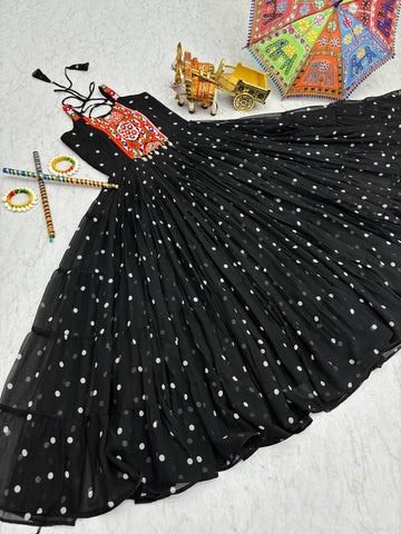 Black Color Bandhani Printed Gamathi Embroidery With Real Mirror Work Navratril Gown