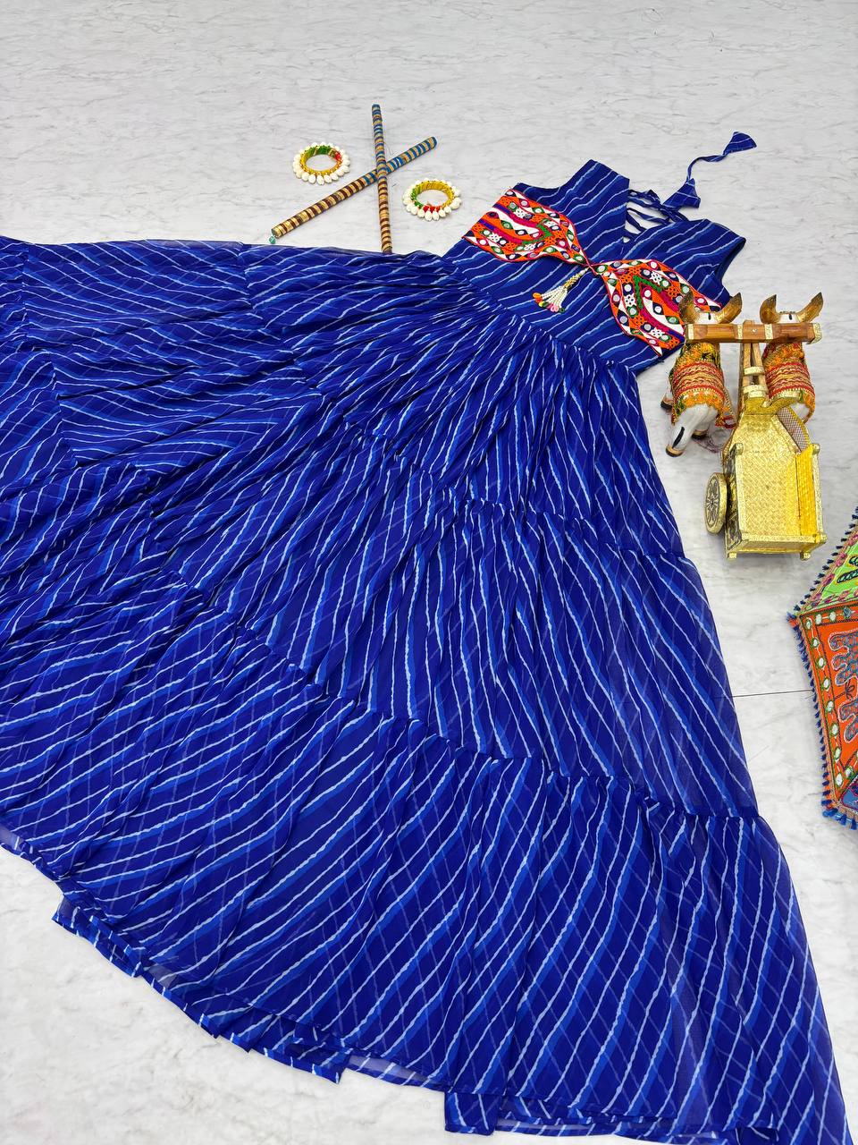 Blue Color Bandhani Printed Gamathi Embroidery With Real Mirror Work Navratril Gown