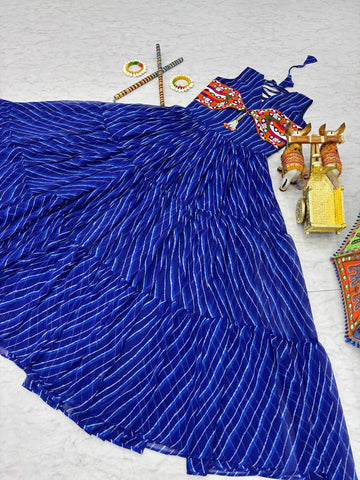 Blue Color Bandhani Printed Gamathi Embroidery With Real Mirror Work Navratril Gown