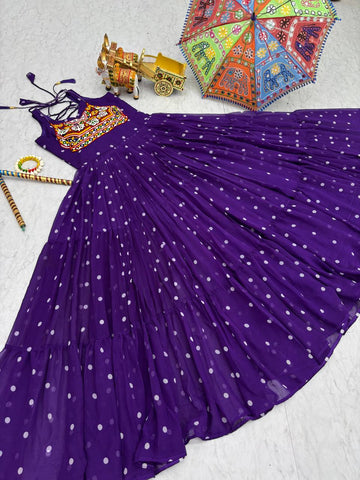 Purple Color Bandhani Printed Gamathi Embroidery With Real Mirror Work Navratril Gown