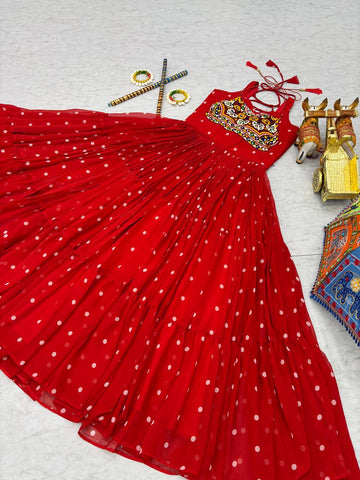 Red Color Bandhani Printed Gamathi Embroidery With Real Mirror Work Navratril Gown