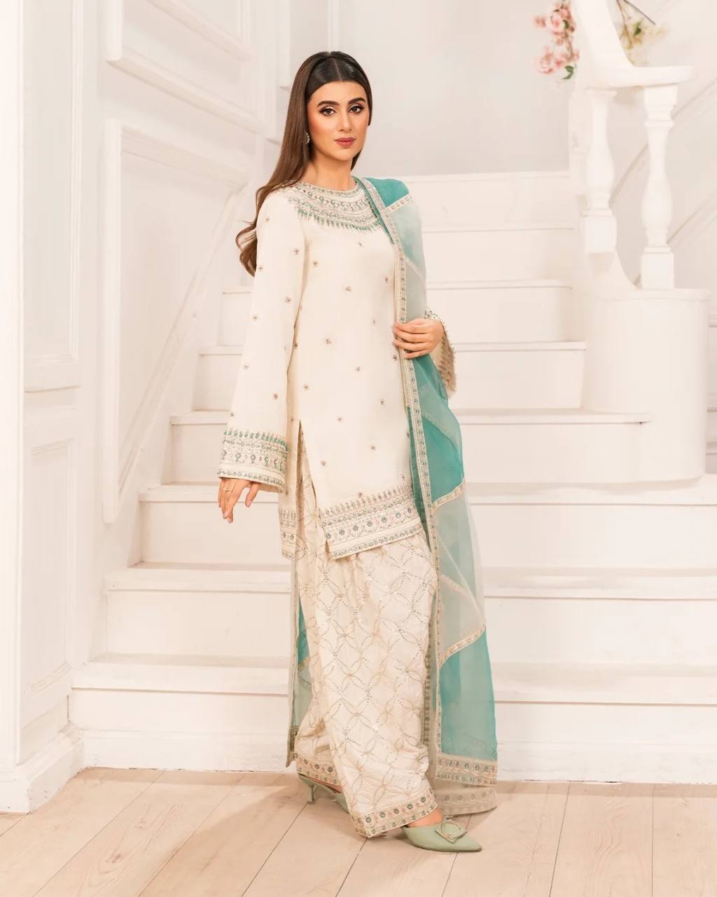 Wedding Wear Off White Color Sequence Work Palazzo Suit