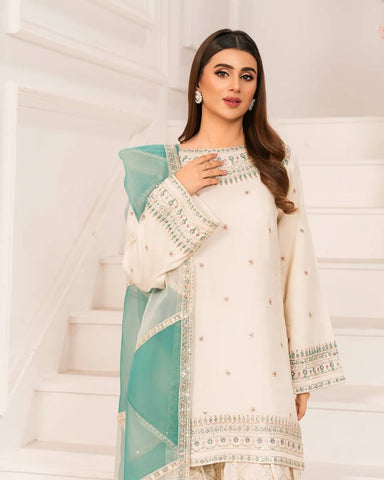 Wedding Wear Off White Color Sequence Work Palazzo Suit