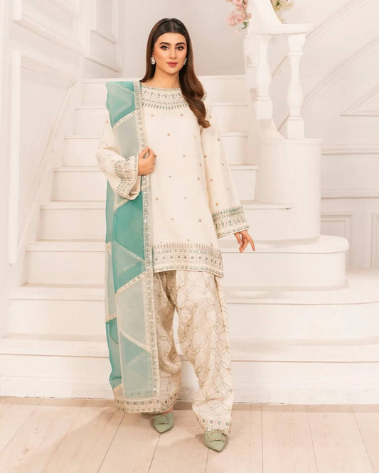 Wedding Wear Off White Color Sequence Work Palazzo Suit