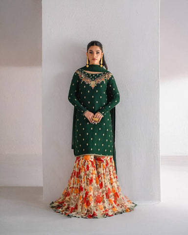 Mahendi Function Wear Green Color Embroidery Work Beautiful Sharara Suit