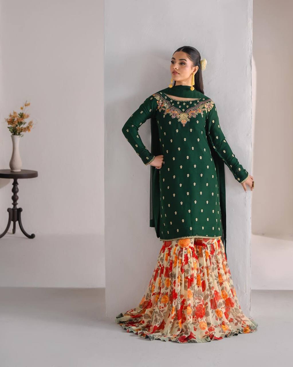 Mahendi Function Wear Green Color Embroidery Work Beautiful Sharara Suit