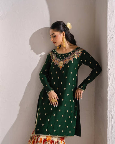 Mahendi Function Wear Green Color Embroidery Work Beautiful Sharara Suit