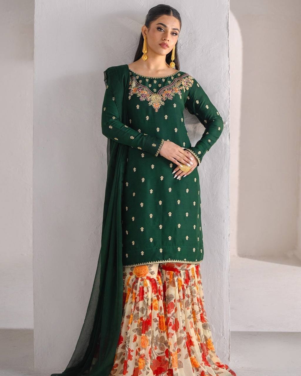 Mahendi Function Wear Green Color Embroidery Work Beautiful Sharara Suit