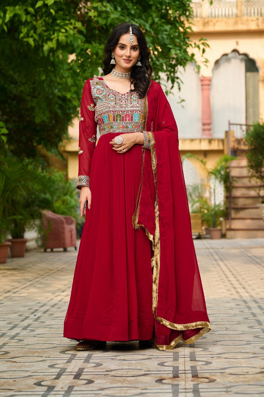 Ceremony Wear Maroon Color Embroidered Work Beautiful Gown