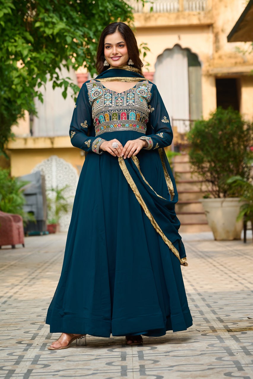 Function Wear Rama Color Thread Embroidered Work Beautiful Gown