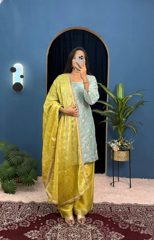 Wedding Wear Mustard And Green Jimmy Choo With Front And Back Side Embroidery Work Palazzo Suit