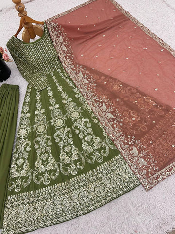 Festive Wear Faux Georgette with Heavy Embroidery Sequin Work Palazzo Suit