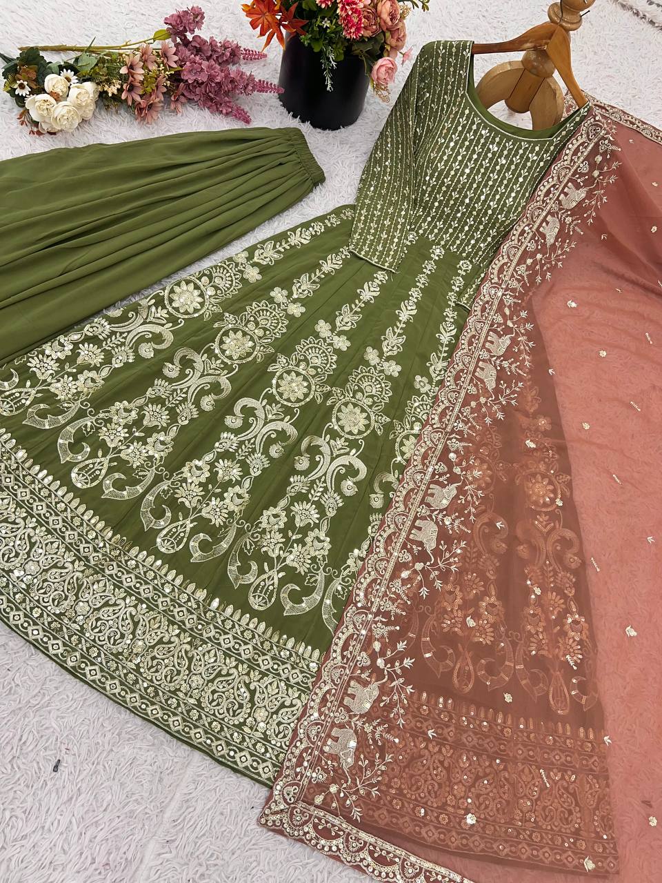 Festive Wear Faux Georgette with Heavy Embroidery Sequin Work Palazzo Suit