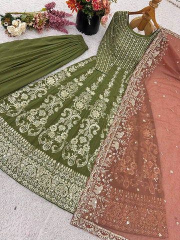 Festive Wear Faux Georgette with Heavy Embroidery Sequin Work Palazzo Suit