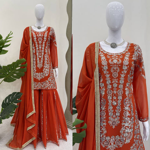 Party Wear Orange Color Thread With Sequin Embroidery Work Sharara Suit