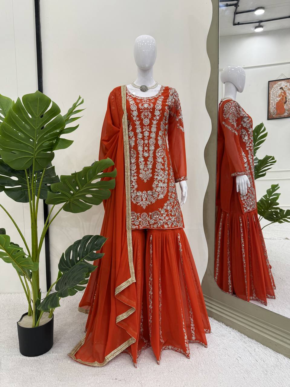 Party Wear Orange Color Thread With Sequin Embroidery Work Sharara Suit