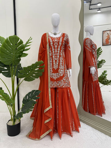 Party Wear Orange Color Thread With Sequin Embroidery Work Sharara Suit