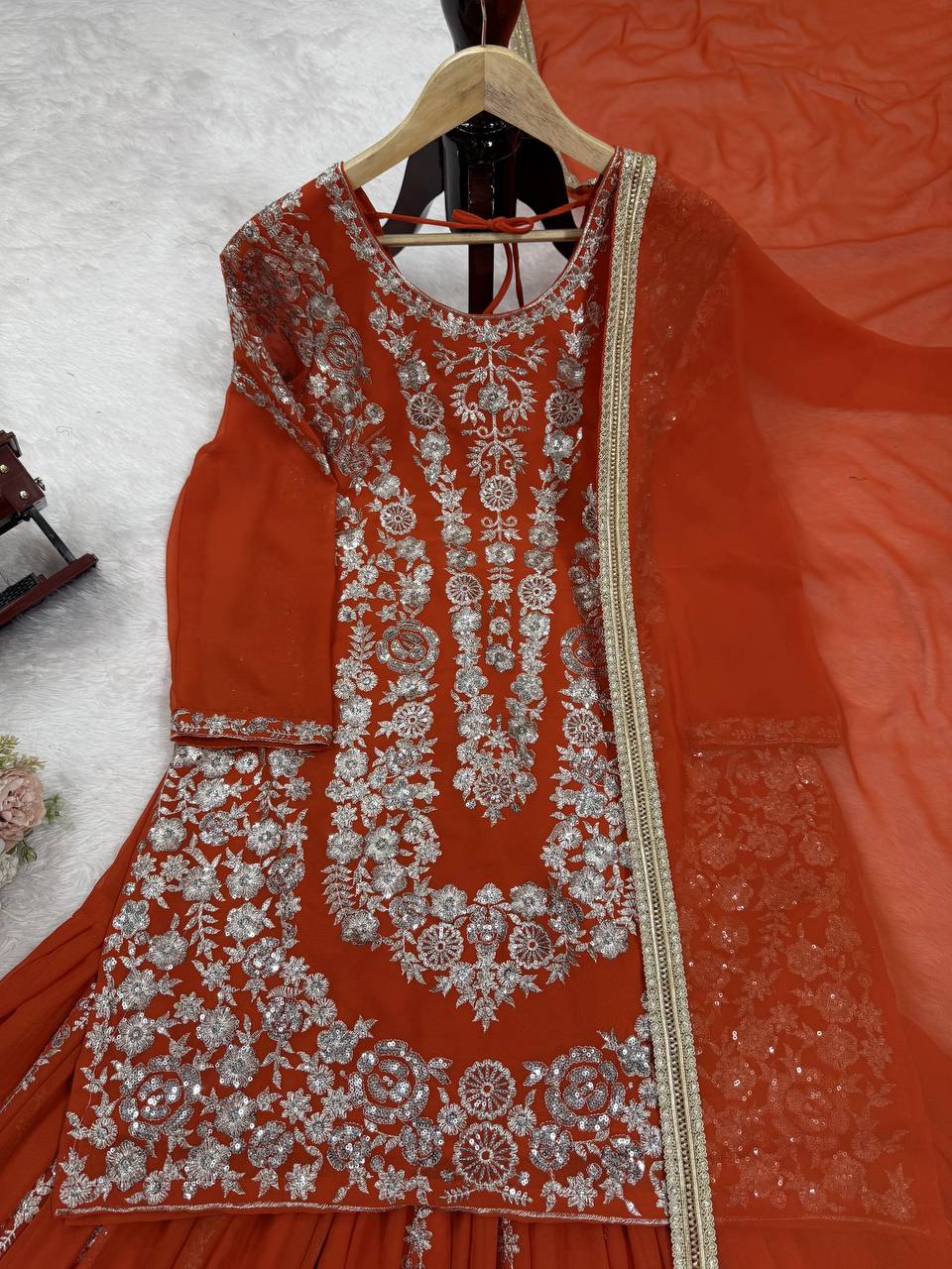 Party Wear Orange Color Thread With Sequin Embroidery Work Sharara Suit