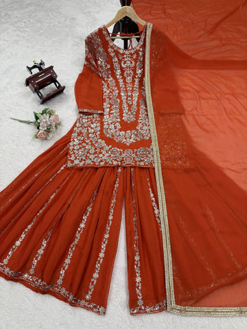 Party Wear Orange Color Thread With Sequin Embroidery Work Sharara Suit