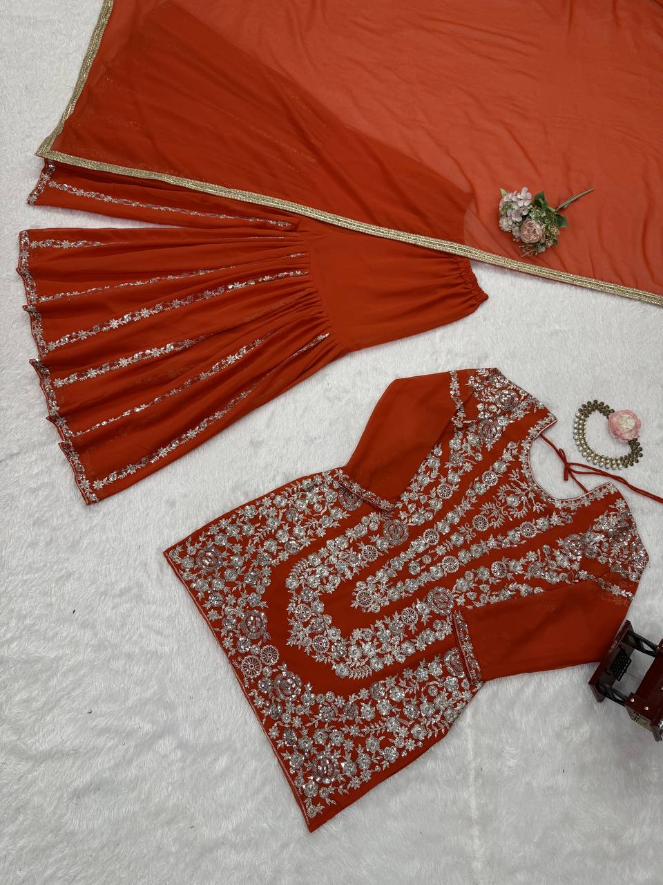 Party Wear Orange Color Thread With Sequin Embroidery Work Sharara Suit