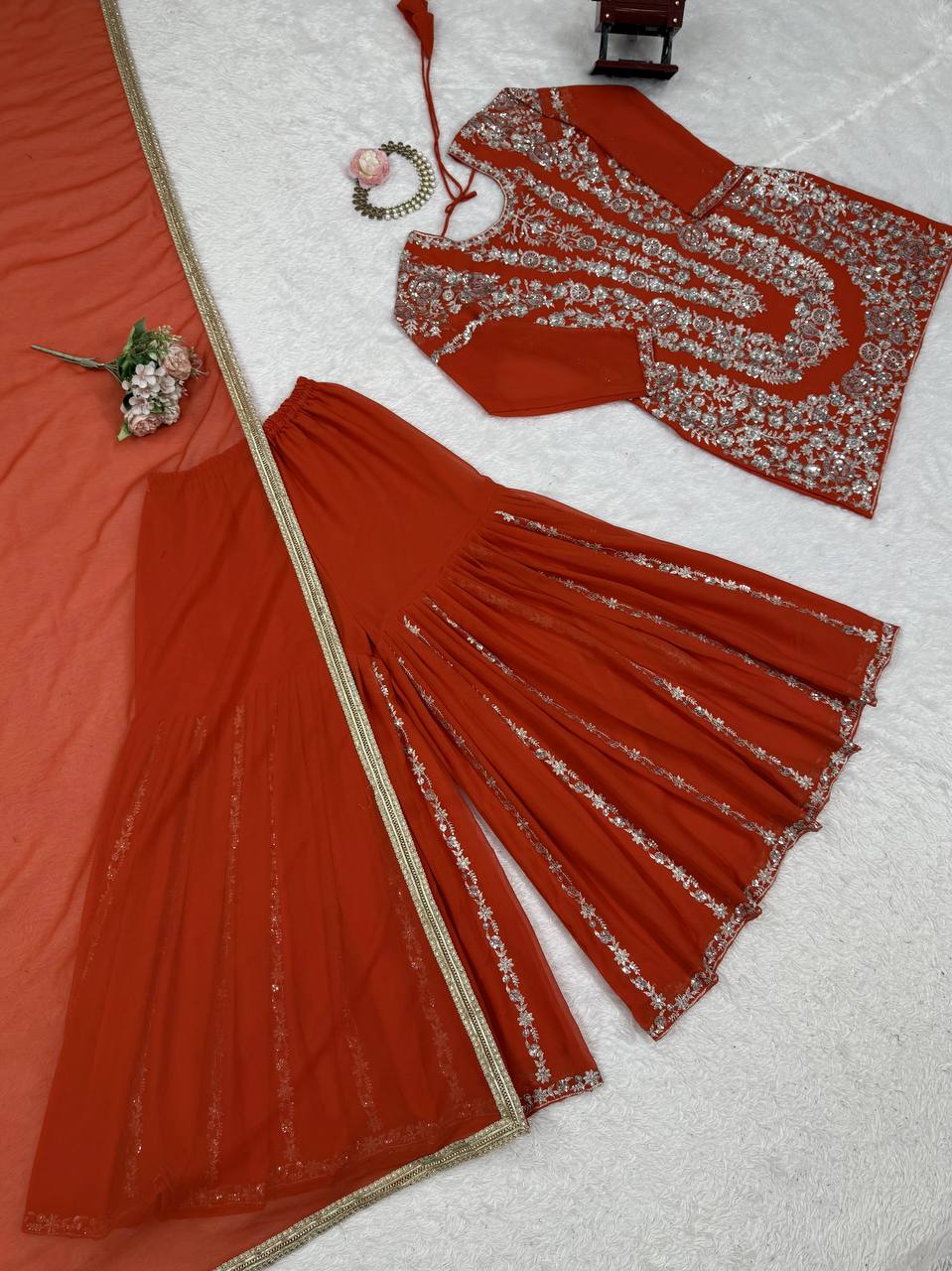 Party Wear Orange Color Thread With Sequin Embroidery Work Sharara Suit