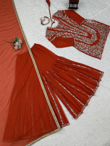 Party Wear Orange Color Thread With Sequin Embroidery Work Sharara Suit